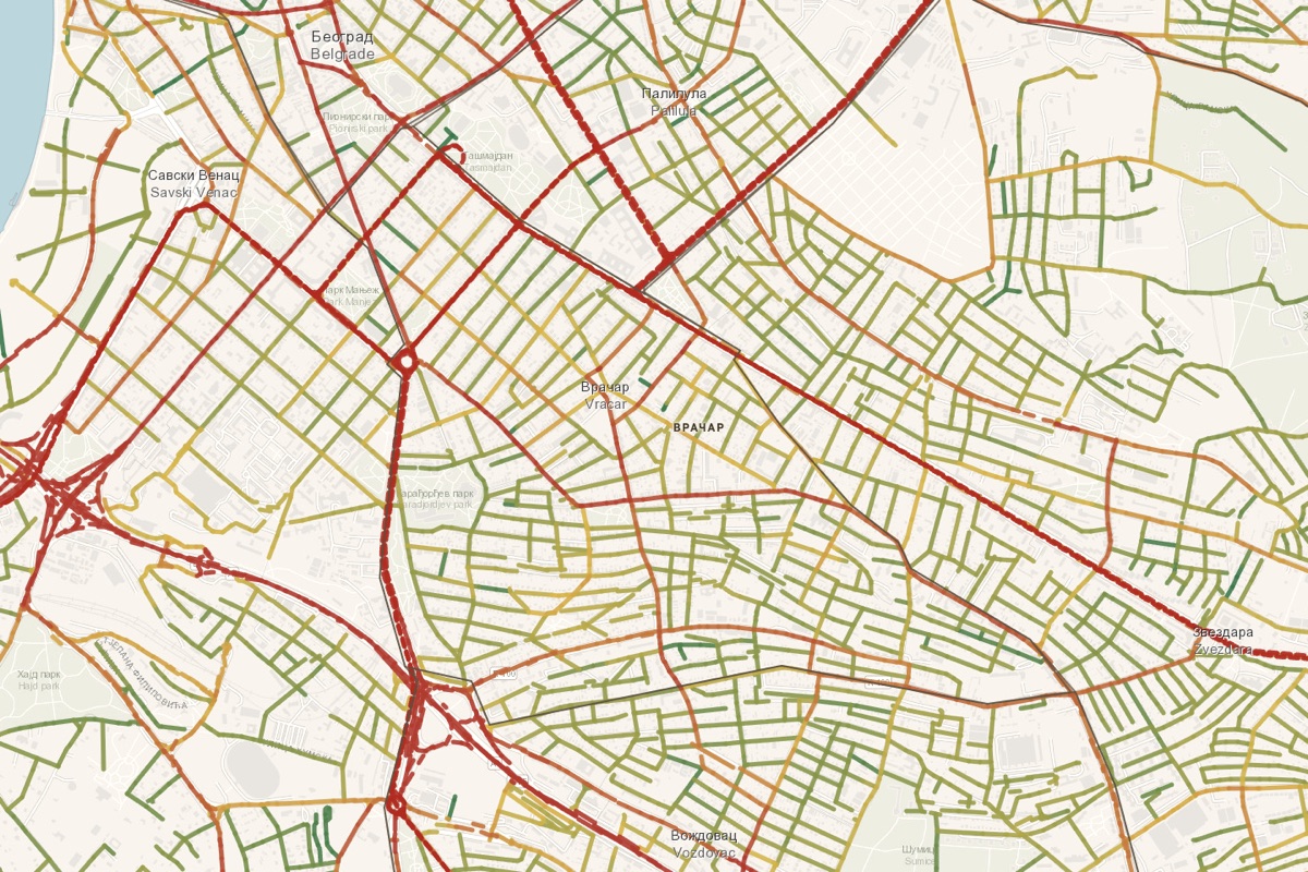 Street noise — red arterials cut through quiet residential grids